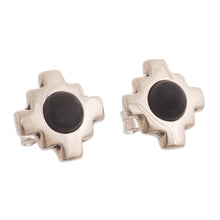 Load image into Gallery viewer, Silver and Obsidian Inca Chakana Stud Earrings - Inca Constellation | NOVICA