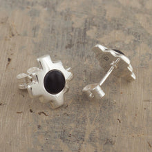 Load image into Gallery viewer, Silver and Obsidian Inca Chakana Stud Earrings - Inca Constellation | NOVICA