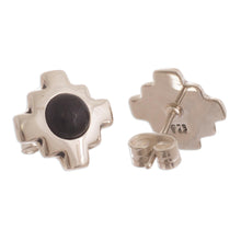 Load image into Gallery viewer, Silver and Obsidian Inca Chakana Stud Earrings - Inca Constellation | NOVICA