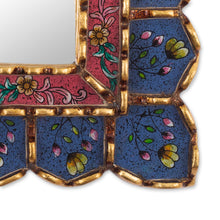 Load image into Gallery viewer, Wood and Painted Glass Accent Mirror - Cusco Altar in Periwinkle | NOVICA