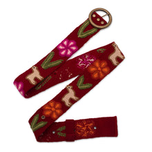 Load image into Gallery viewer, Wool Belt with Llama Embroidery - Llamas on Claret | NOVICA