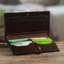 Load image into Gallery viewer, Brown Leather Wallet with Embossed Inca Sun Symbol from Peru - Cusco Sun | NOVICA