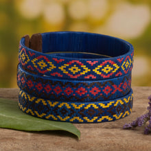Load image into Gallery viewer, Three Blue Cuff Bracelets Woven with Colombian Cane Fiber - Blue Colombian Geometry | NOVICA