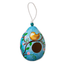 Load image into Gallery viewer, Blue Dried Gourd Birdhouse with Bird on a Flowering Tree - Daybreak Courtyard | NOVICA