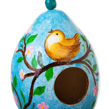 Load image into Gallery viewer, Blue Dried Gourd Birdhouse with Bird on a Flowering Tree - Daybreak Courtyard | NOVICA