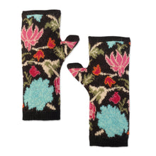 Load image into Gallery viewer, Baby Alpaca Fingerless Mitts with Floral Motifs - Ebony Baroque | NOVICA