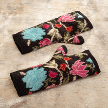 Load image into Gallery viewer, Baby Alpaca Fingerless Mitts with Floral Motifs - Ebony Baroque | NOVICA