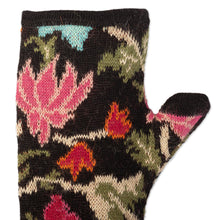 Load image into Gallery viewer, Baby Alpaca Fingerless Mitts with Floral Motifs - Ebony Baroque | NOVICA