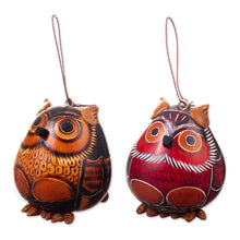 Load image into Gallery viewer, Set of 2 Handmade Dried Gourd Owl Ornaments in Black and Red - Feathers of Wisdom | NOVICA