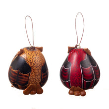 Load image into Gallery viewer, Set of 2 Handmade Dried Gourd Owl Ornaments in Black and Red - Feathers of Wisdom | NOVICA