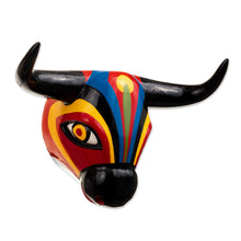 Load image into Gallery viewer, Vibrant Cedar Wood Bull Wall Mask From Colombia - Oneiric Guardian | NOVICA
