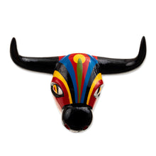 Load image into Gallery viewer, Vibrant Cedar Wood Bull Wall Mask From Colombia - Oneiric Guardian | NOVICA