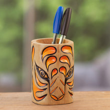 Load image into Gallery viewer, Jaguar-Themed Cedar Wood Pen Holder Crafted in Colombia - Jaguar Gaze | NOVICA