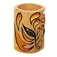 Load image into Gallery viewer, Jaguar-Themed Cedar Wood Pen Holder Crafted in Colombia - Jaguar Gaze | NOVICA