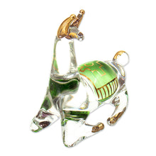 Load image into Gallery viewer, Gilded Clear & Green Glass Llama Figurine Hand-Blown in Peru - Llama's Rest | NOVICA