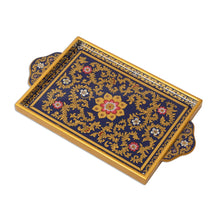 Load image into Gallery viewer, Reverse Painted Glass Serveware Tray from Peru - Royal Blue Garden | NOVICA
