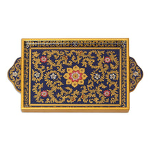 Load image into Gallery viewer, Reverse Painted Glass Serveware Tray from Peru - Royal Blue Garden | NOVICA