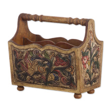 Load image into Gallery viewer, Hand Tooled Leather and Mohena Wood Magazine Rack - Songbirds | NOVICA