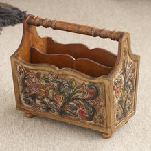 Load image into Gallery viewer, Hand Tooled Leather and Mohena Wood Magazine Rack - Songbirds | NOVICA