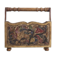 Load image into Gallery viewer, Hand Tooled Leather and Mohena Wood Magazine Rack - Songbirds | NOVICA