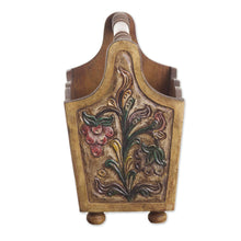 Load image into Gallery viewer, Hand Tooled Leather and Mohena Wood Magazine Rack - Songbirds | NOVICA