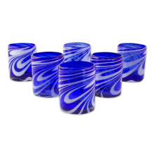 Load image into Gallery viewer, 6 Hand Blown Blue-White 11 oz Rock Glasses from Mexico - Whirling Cobalt | NOVICA