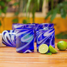 Load image into Gallery viewer, 6 Hand Blown Blue-White 11 oz Rock Glasses from Mexico - Whirling Cobalt | NOVICA