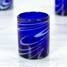 Load image into Gallery viewer, 6 Hand Blown Blue-White 11 oz Rock Glasses from Mexico - Whirling Cobalt | NOVICA