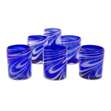 Load image into Gallery viewer, 6 Hand Blown Blue-White 11 oz Rock Glasses from Mexico - Whirling Cobalt | NOVICA