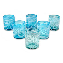 Load image into Gallery viewer, 6 Mexican Hand Blown 11 oz Rock Glasses in Aqua and White - Whirling Aquamarine | NOVICA
