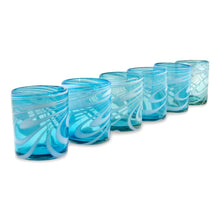 Load image into Gallery viewer, 6 Mexican Hand Blown 11 oz Rock Glasses in Aqua and White - Whirling Aquamarine | NOVICA
