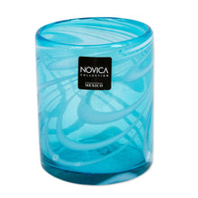 Load image into Gallery viewer, 6 Mexican Hand Blown 11 oz Rock Glasses in Aqua and White - Whirling Aquamarine | NOVICA