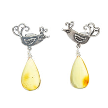 Load image into Gallery viewer, Sterling Silver Bird Earrings with Amber Droplets - Flirty Birds | NOVICA