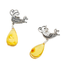 Load image into Gallery viewer, Sterling Silver Bird Earrings with Amber Droplets - Flirty Birds | NOVICA