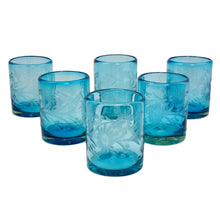 Load image into Gallery viewer, Engraved Pepita Flowers on Hand Blown Rocks Glassed Set of 6 - Aquamarine Sunflowers | NOVICA