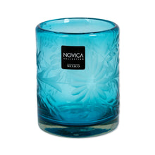 Load image into Gallery viewer, Engraved Pepita Flowers on Hand Blown Rocks Glassed Set of 6 - Aquamarine Sunflowers | NOVICA