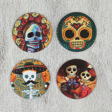 Load image into Gallery viewer, Day of the Dead Theme on Mexican Decoupage Set of 4 Coasters - Festive Catrina | NOVICA