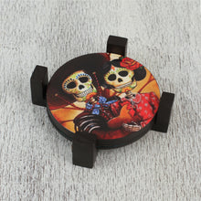 Load image into Gallery viewer, Day of the Dead Theme on Mexican Decoupage Set of 4 Coasters - Festive Catrina | NOVICA