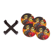 Load image into Gallery viewer, Wood Coasters Day of the Dead (Set of 4) from Mexico - Catrin and Catrina | NOVICA