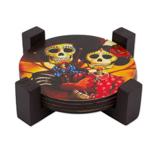 Load image into Gallery viewer, Wood Coasters Day of the Dead (Set of 4) from Mexico - Catrin and Catrina | NOVICA