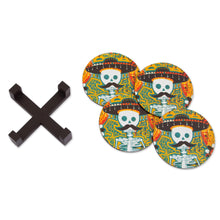 Load image into Gallery viewer, Day of the Dead Decoupage Pinewood Coasters from Mexico - Mustachioed Skull | NOVICA