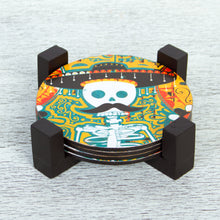 Load image into Gallery viewer, Day of the Dead Decoupage Pinewood Coasters from Mexico - Mustachioed Skull | NOVICA