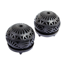 Load image into Gallery viewer, 2 Floral Theme Oaxaca Black Pottery Tealight Candleholders - Daisy Symmetry | NOVICA