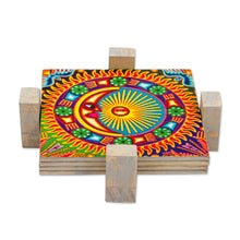Load image into Gallery viewer, Four Decoupage Pinewood Mexican Sun and Moon Motif Coasters - Huichol Sun and Moon | NOVICA