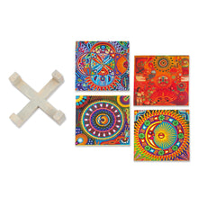 Load image into Gallery viewer, Four Decoupage Pinewood Mexican Sun and Moon Motif Coasters - Huichol Sun and Moon | NOVICA