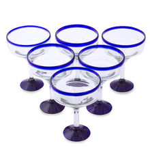 Load image into Gallery viewer, Eco Friendly Set of Six Hand Blown Margarita Glasses - Cobalt Contrasts | NOVICA