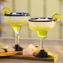 Load image into Gallery viewer, Eco Friendly Set of Six Hand Blown Margarita Glasses - Cobalt Contrasts | NOVICA