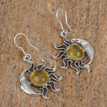 Load image into Gallery viewer, Mexican Sterling Silver and Amber Sun Moon Hook Earrings - Resplendent Sunset | NOVICA