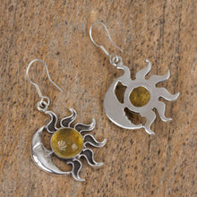 Load image into Gallery viewer, Mexican Sterling Silver and Amber Sun Moon Hook Earrings - Resplendent Sunset | NOVICA