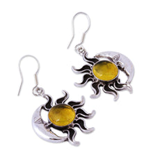 Load image into Gallery viewer, Mexican Sterling Silver and Amber Sun Moon Hook Earrings - Resplendent Sunset | NOVICA